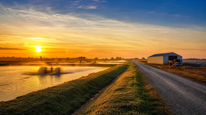 Catfish ponds and cotton fields on flat Delta farmland at sunrise, How to Start a Farm in Mississippi
