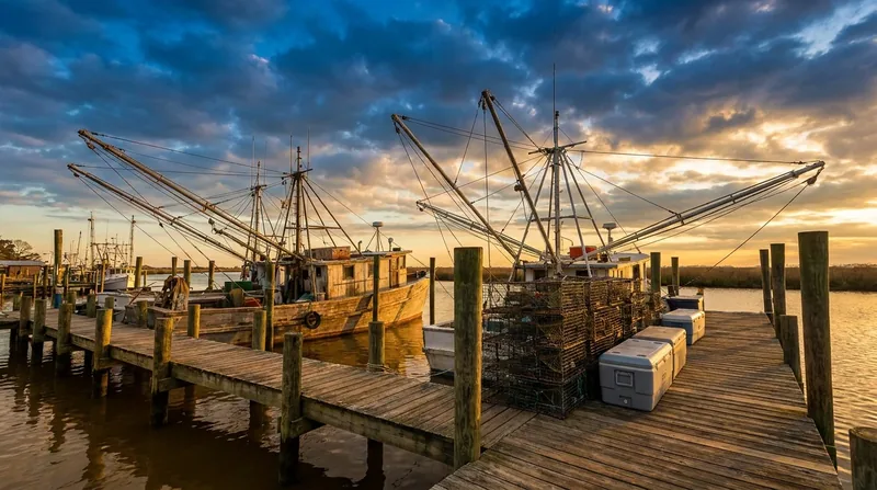 Shrimp boats with outriggers tied up at a wooden dock at sunrise, Gulf Coast Business Permits in Mississippi