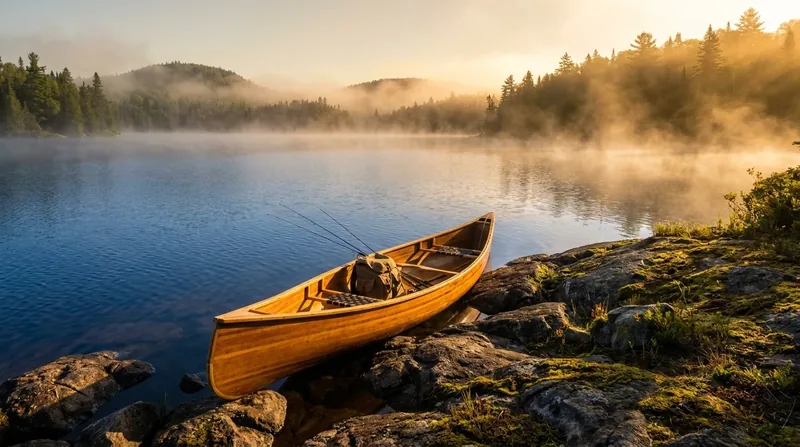 Wooden canoe and fishing gear on a rocky shore of a misty lake, How to Start a Freshwater Fishing Guide Business in Mississippi