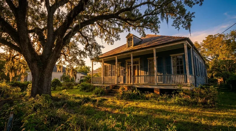 Raised cottage with a deep front porch beneath a spreading live oak, Mississippi Real Estate License