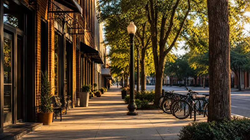 Southern college-town main street with brick storefronts and oaks, Hattiesburg Business License