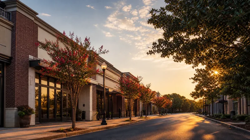 Suburban commercial street with brick storefronts and magnolia trees, Jackson MS Business License