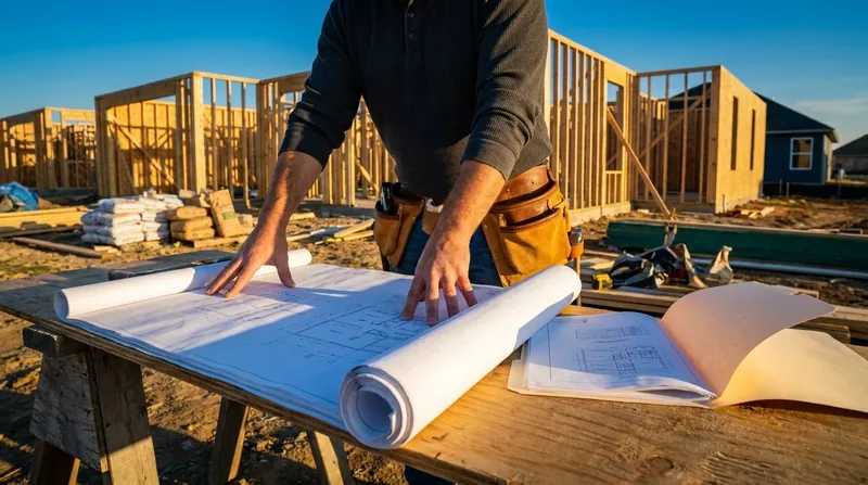 Contractor reviewing blueprints at a jobsite, Mississippi Contractor License