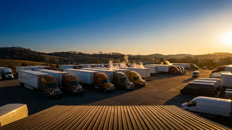 Box trucks and semis at a logistics yard, How to Start a Trucking Company in Mississippi